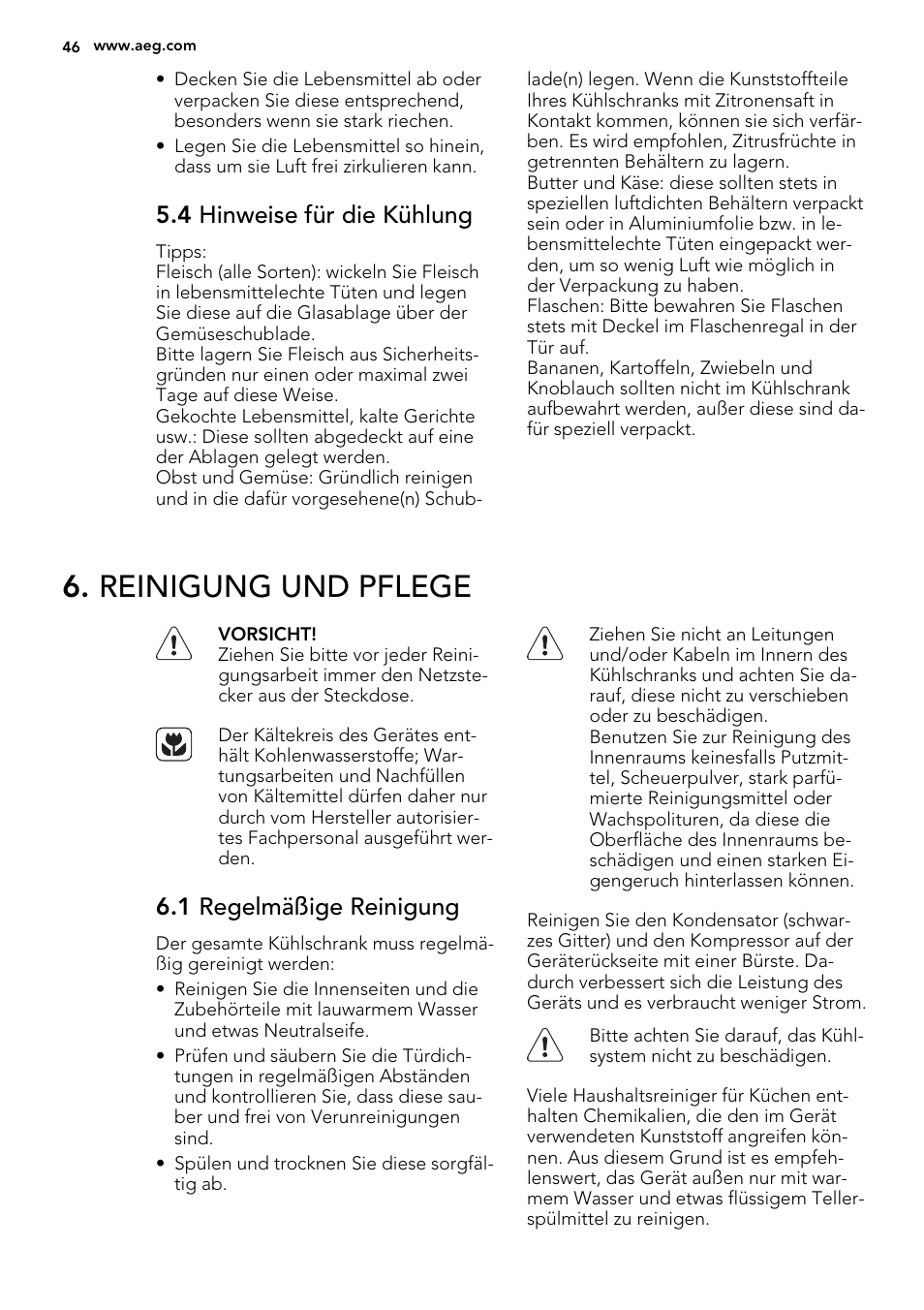 Reinigung und pflege, 4 hinweise für die kühlung, 1 regelmäßige reinigung | AEG SKS68800F1 User Manual | Page 46 / 56