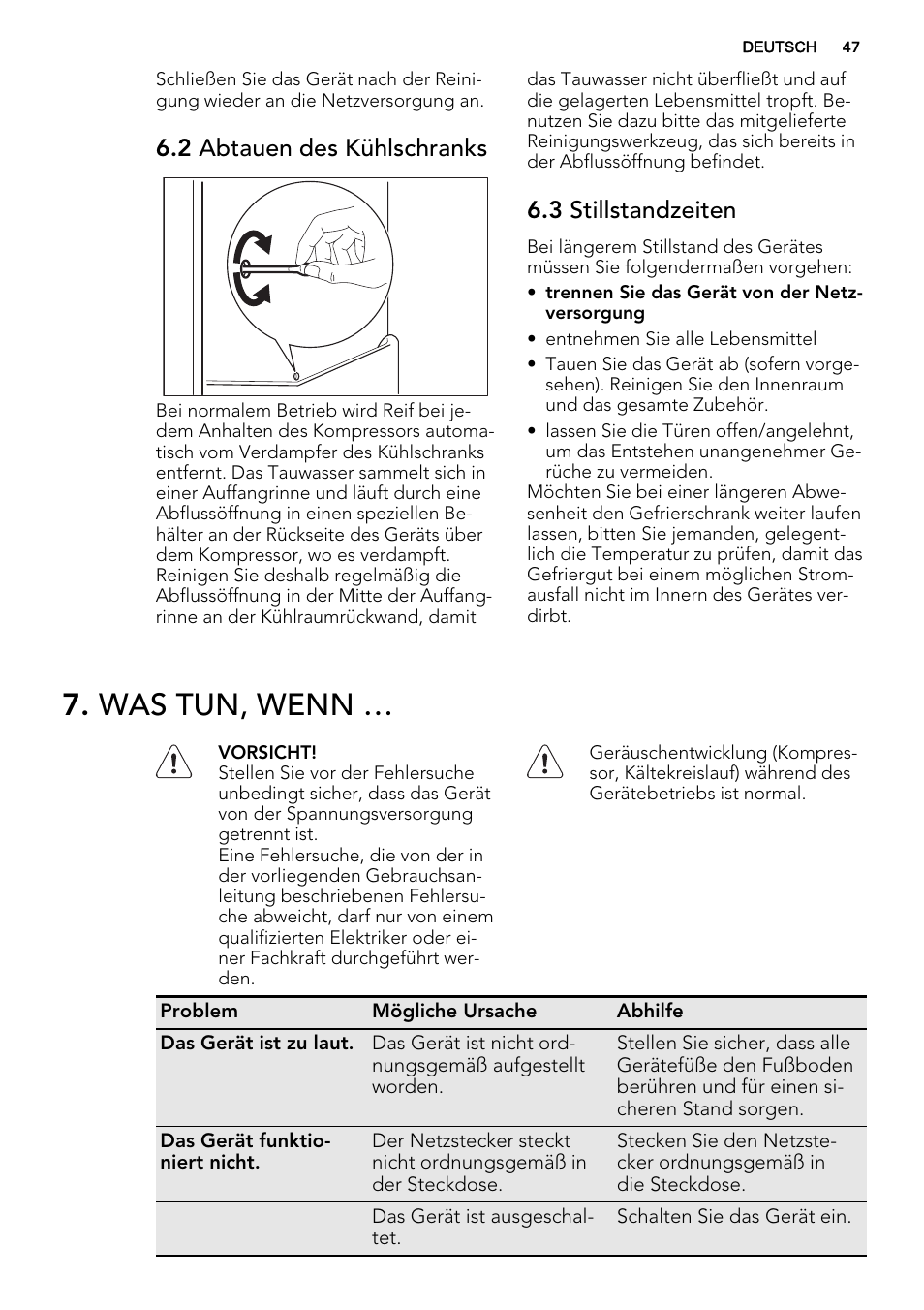 Was tun, wenn, 2 abtauen des kühlschranks, 3 stillstandzeiten | AEG SKS68800F1 User Manual | Page 47 / 56