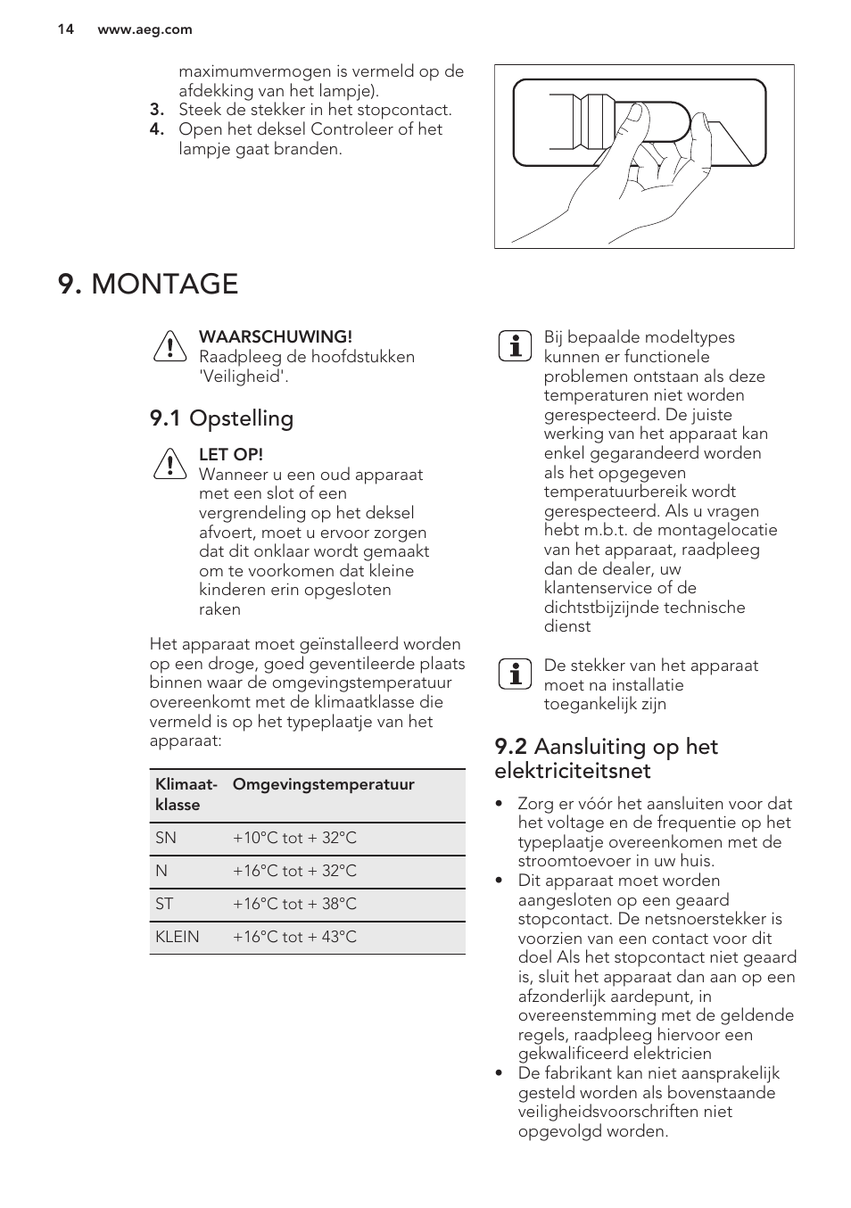 Montage, 1 opstelling, 2 aansluiting op het elektriciteitsnet | AEG A93100GNW0 User Manual | Page 14 / 80