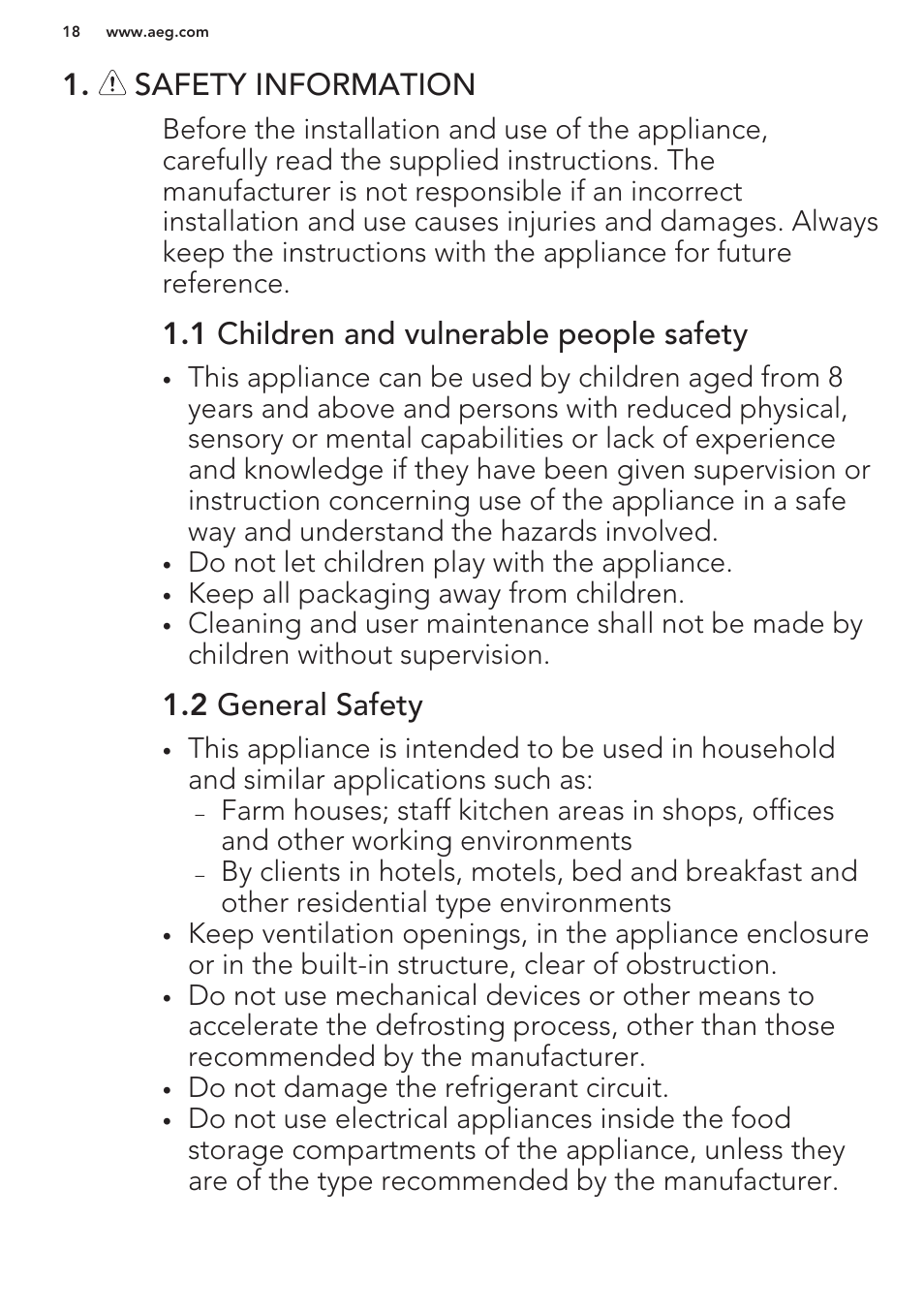 Safety information, 1 children and vulnerable people safety, 2 general safety | AEG A93100GNW0 User Manual | Page 18 / 80