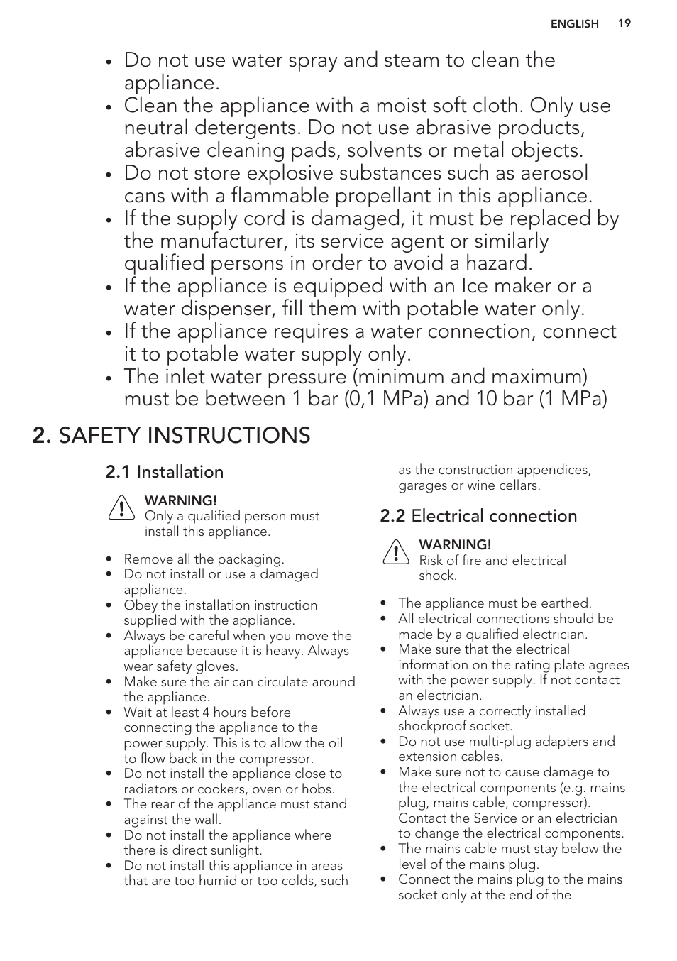 Safety instructions, 1 installation, 2 electrical connection | AEG A93100GNW0 User Manual | Page 19 / 80