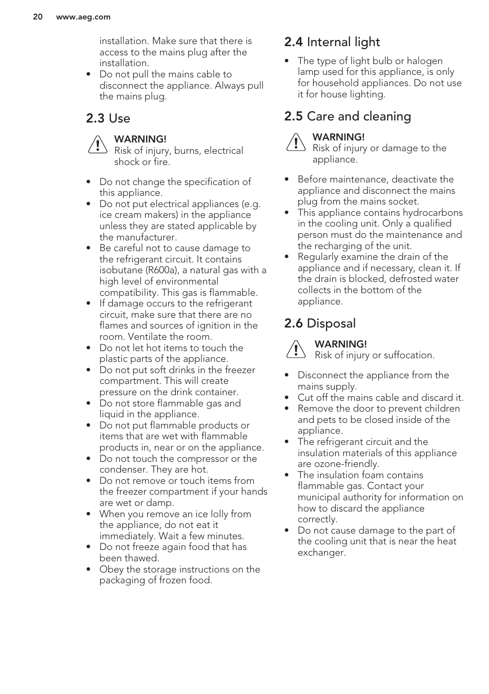 3 use, 4 internal light, 5 care and cleaning | 6 disposal | AEG A93100GNW0 User Manual | Page 20 / 80