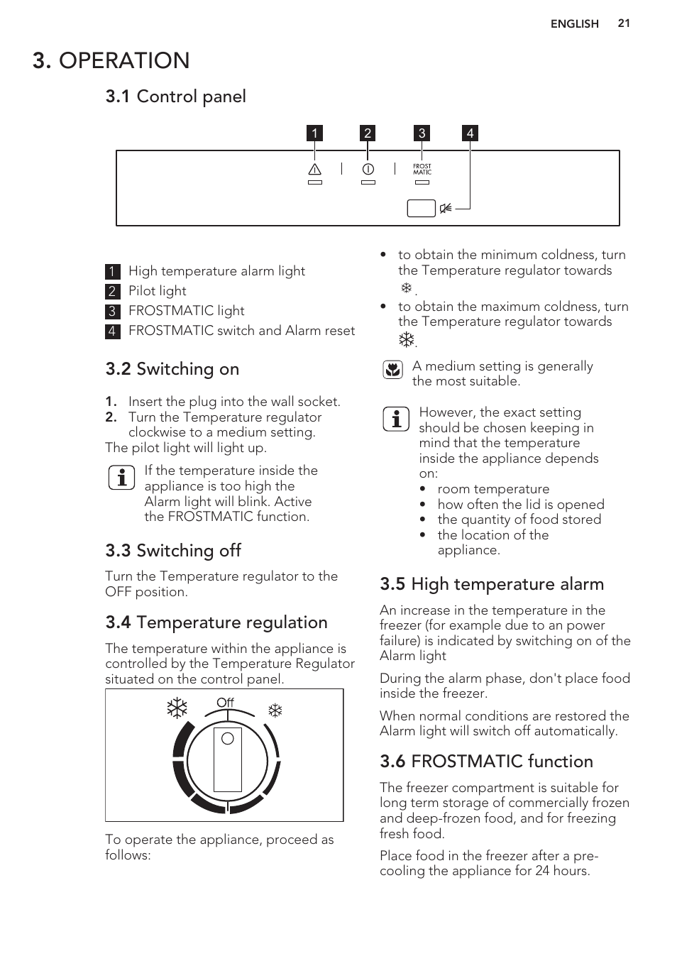 Operation, 1 control panel, 2 switching on | 3 switching off, 4 temperature regulation, 5 high temperature alarm, 6 frostmatic function | AEG A93100GNW0 User Manual | Page 21 / 80