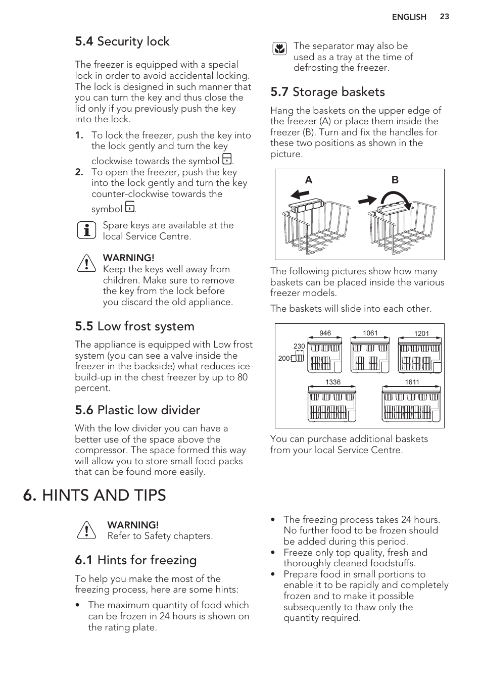 4 security lock, 5 low frost system, 6 plastic low divider | 7 storage baskets, Hints and tips, 1 hints for freezing | AEG A93100GNW0 User Manual | Page 23 / 80
