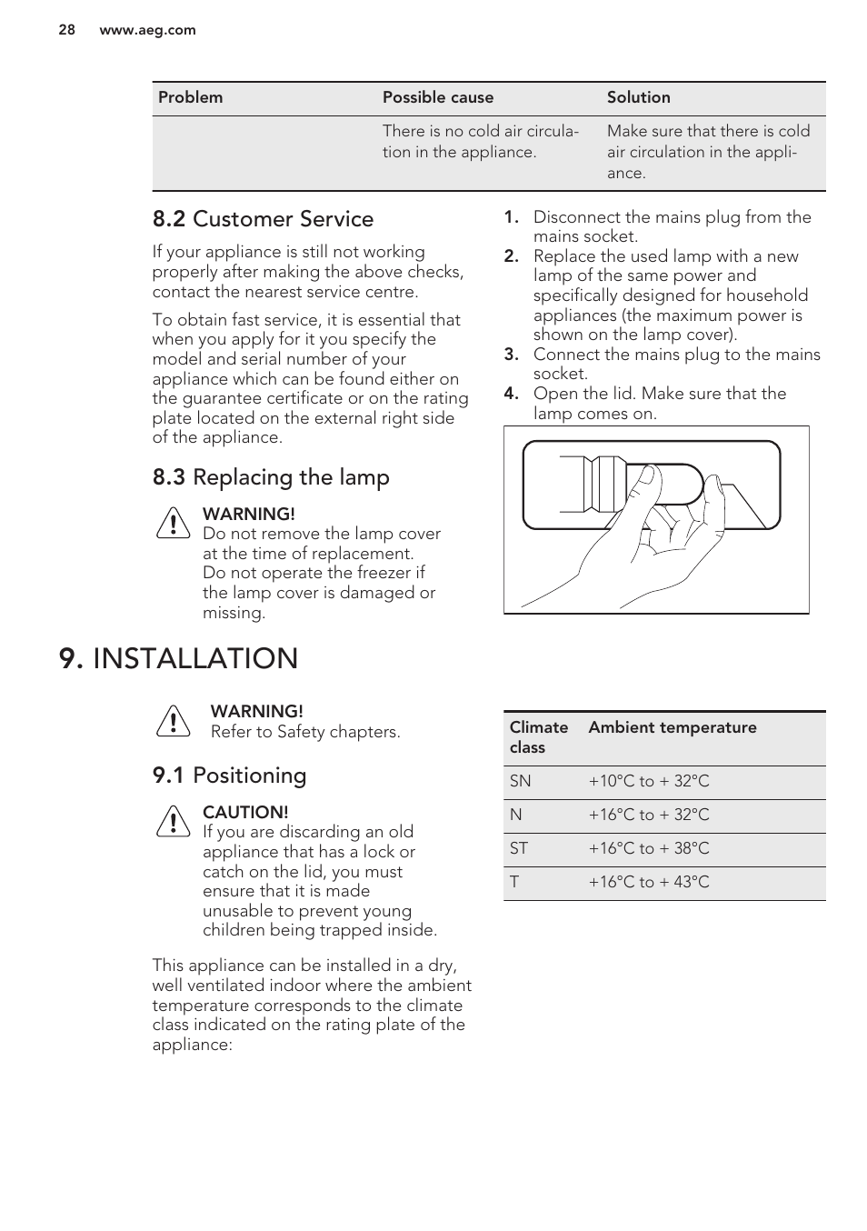 2 customer service, 3 replacing the lamp, Installation | 1 positioning | AEG A93100GNW0 User Manual | Page 28 / 80