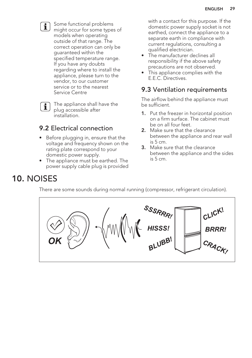2 electrical connection, 3 ventilation requirements, Noises | AEG A93100GNW0 User Manual | Page 29 / 80