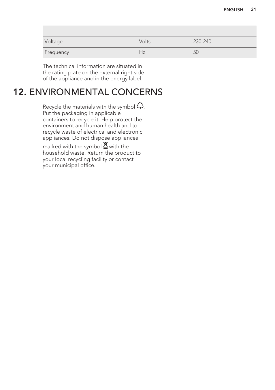 Environmental concerns | AEG A93100GNW0 User Manual | Page 31 / 80