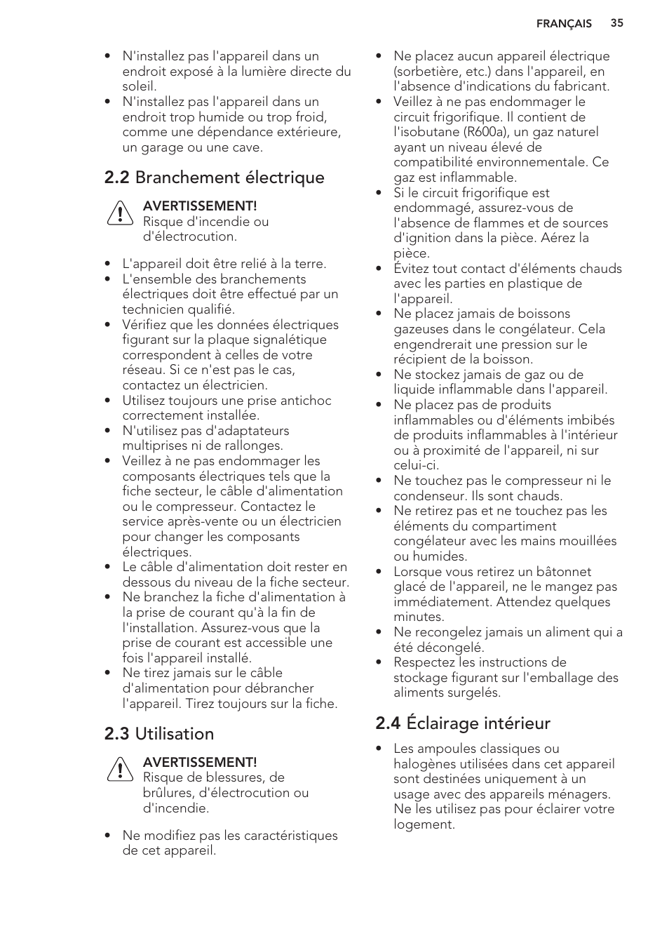 2 branchement électrique, 3 utilisation, 4 éclairage intérieur | AEG A93100GNW0 User Manual | Page 35 / 80