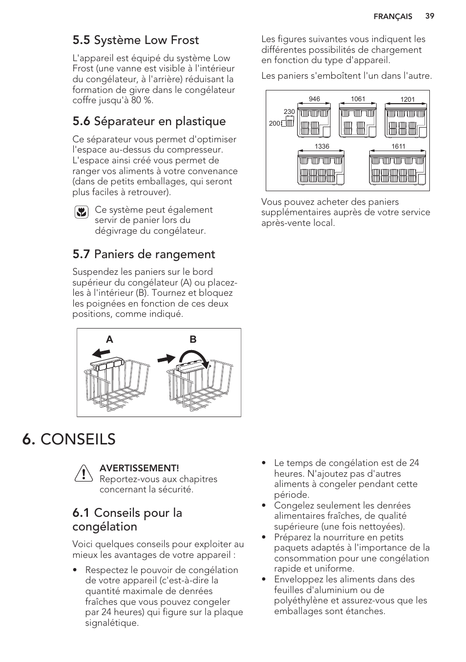 5 système low frost, 6 séparateur en plastique, 7 paniers de rangement | Conseils, 1 conseils pour la congélation | AEG A93100GNW0 User Manual | Page 39 / 80