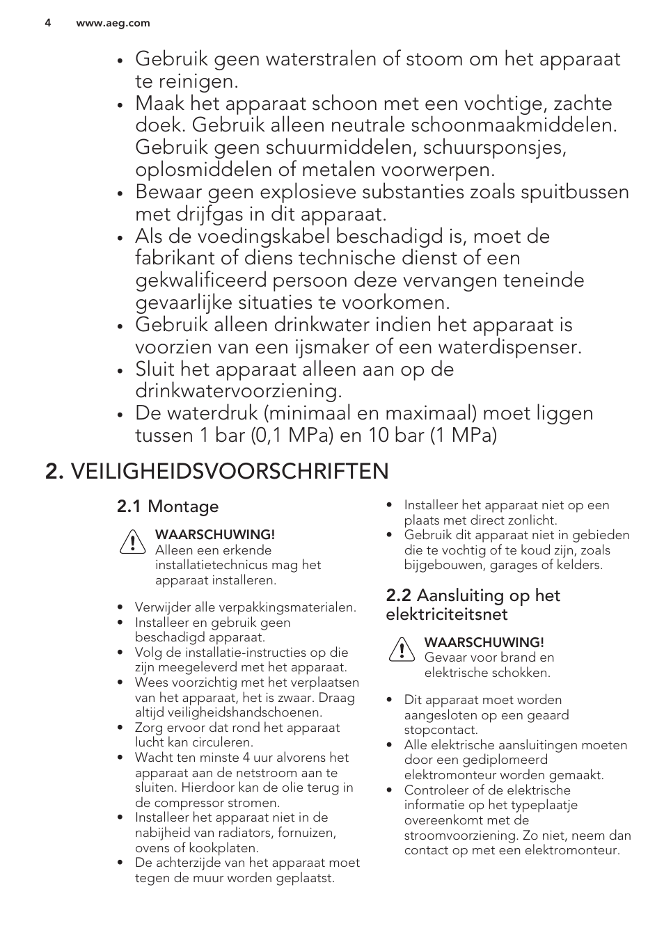 Veiligheidsvoorschriften, 1 montage, 2 aansluiting op het elektriciteitsnet | AEG A93100GNW0 User Manual | Page 4 / 80