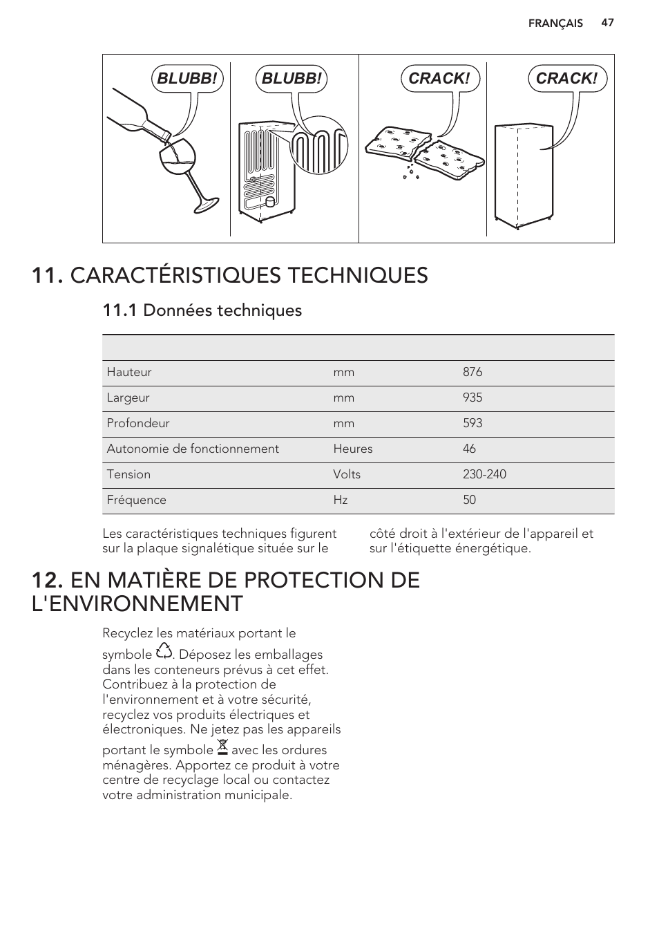 Caractéristiques techniques, 1 données techniques, En matière de protection de l'environnement | AEG A93100GNW0 User Manual | Page 47 / 80