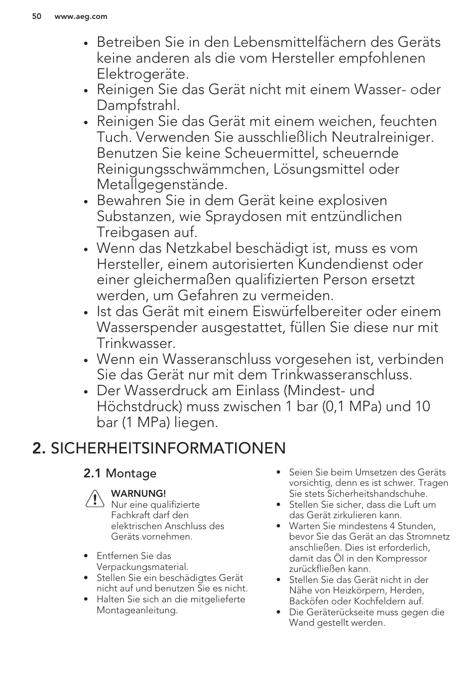 Sicherheitsinformationen, 1 montage | AEG A93100GNW0 User Manual | Page 50 / 80