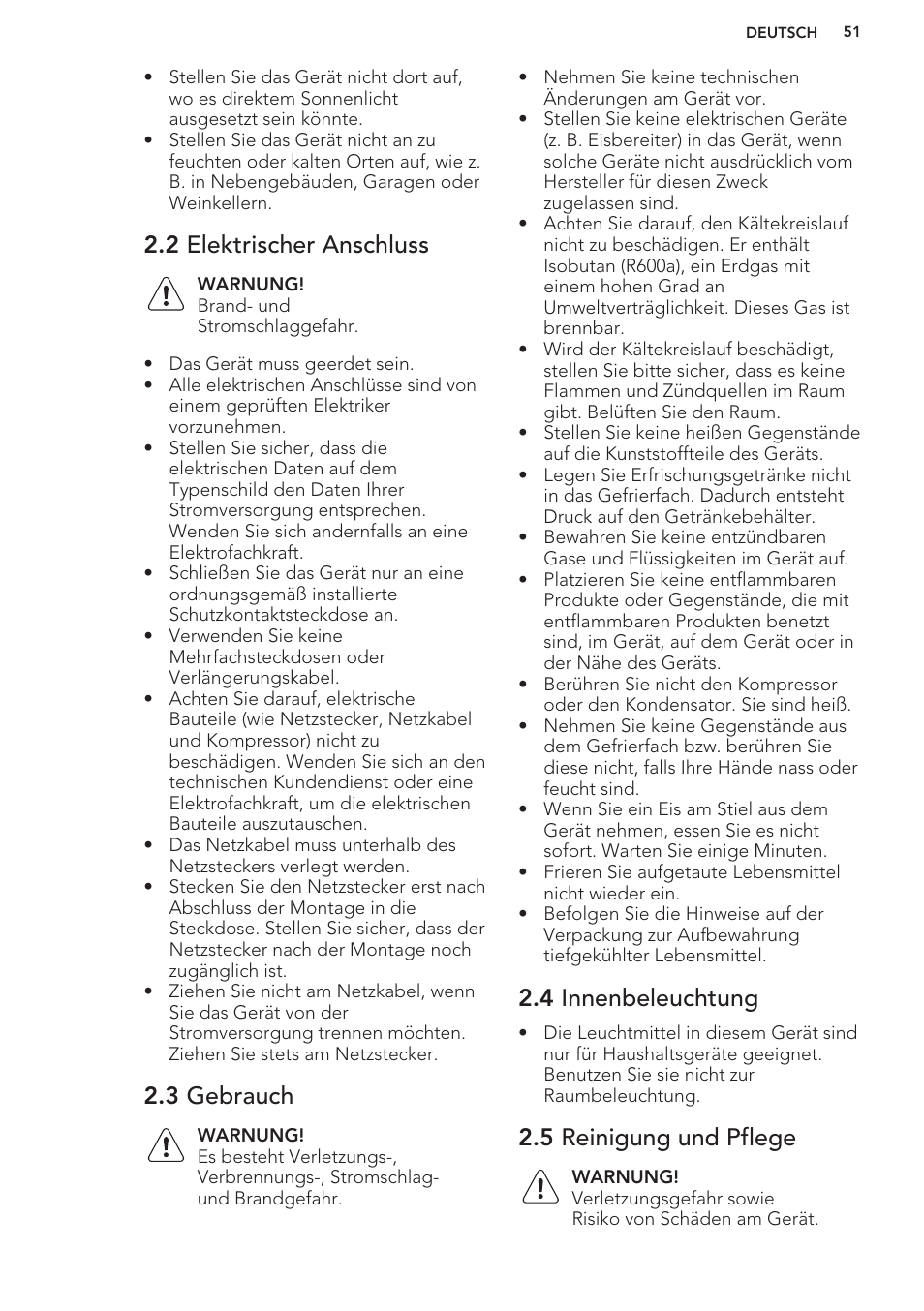 2 elektrischer anschluss, 3 gebrauch, 4 innenbeleuchtung | 5 reinigung und pflege | AEG A93100GNW0 User Manual | Page 51 / 80