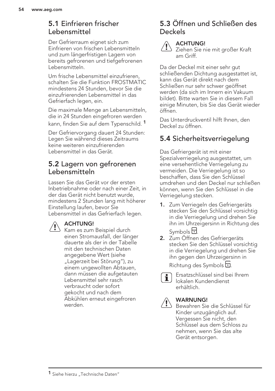 1 einfrieren frischer lebensmittel, 2 lagern von gefrorenen lebensmitteln, 3 öffnen und schließen des deckels | 4 sicherheitsverriegelung | AEG A93100GNW0 User Manual | Page 54 / 80