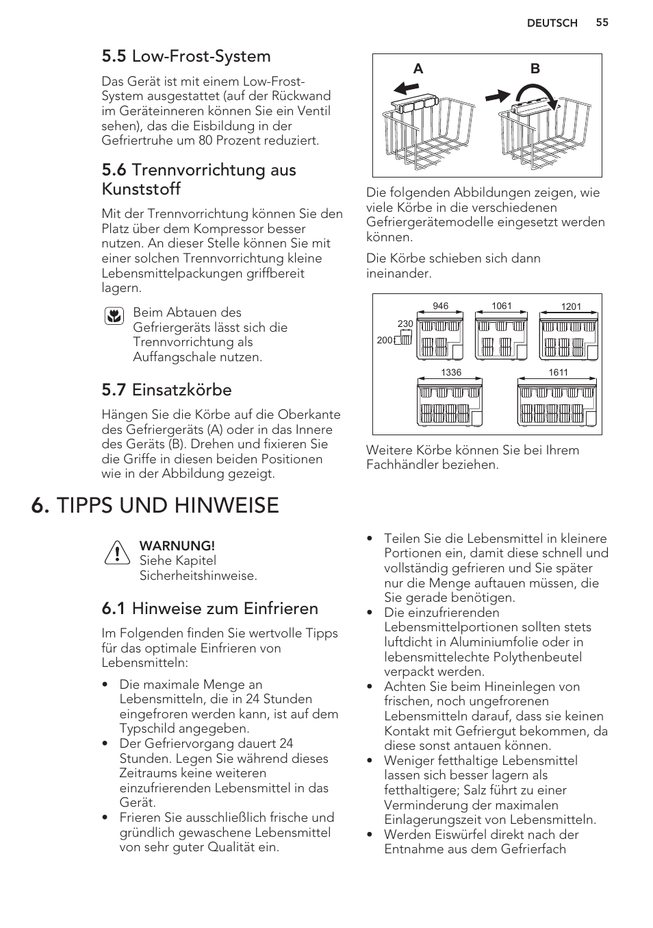 5 low-frost-system, 6 trennvorrichtung aus kunststoff, 7 einsatzkörbe | Tipps und hinweise, 1 hinweise zum einfrieren | AEG A93100GNW0 User Manual | Page 55 / 80