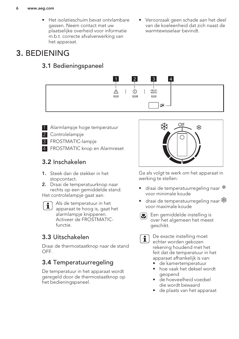 Bediening, 1 bedieningspaneel, 2 inschakelen | 3 uitschakelen, 4 temperatuurregeling | AEG A93100GNW0 User Manual | Page 6 / 80