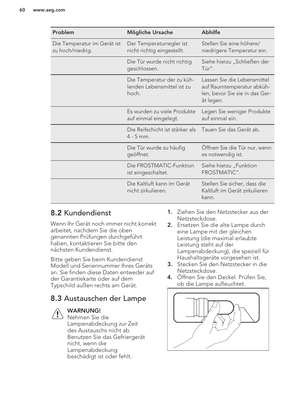 2 kundendienst, 3 austauschen der lampe | AEG A93100GNW0 User Manual | Page 60 / 80