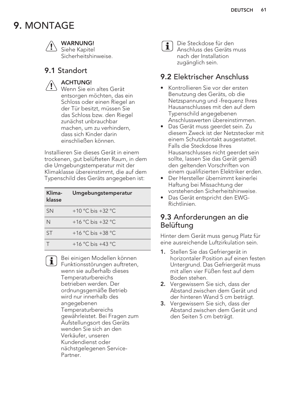Montage, 1 standort, 2 elektrischer anschluss | 3 anforderungen an die belüftung | AEG A93100GNW0 User Manual | Page 61 / 80