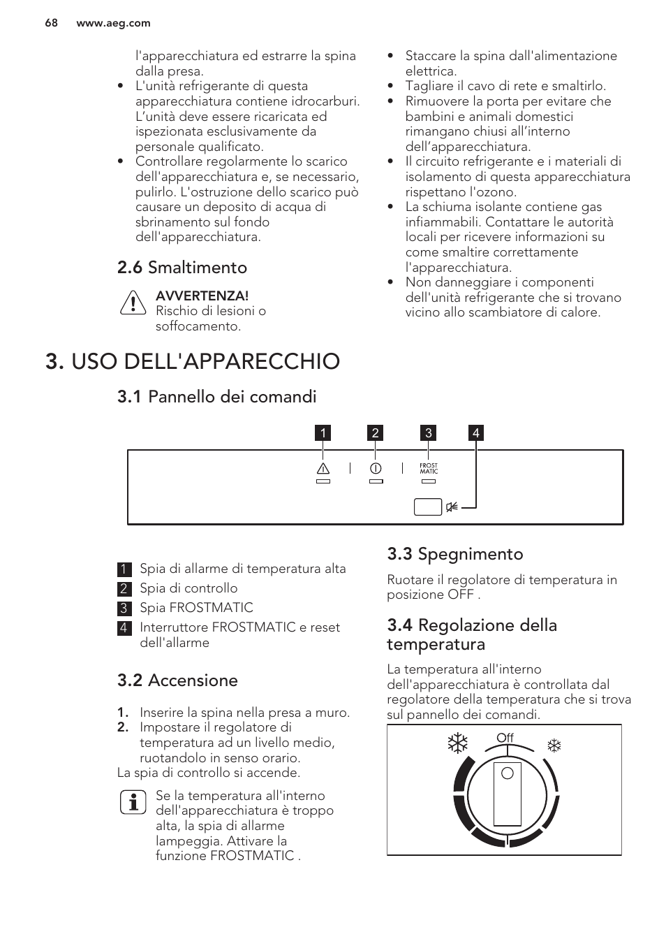 6 smaltimento, Uso dell'apparecchio, 1 pannello dei comandi | 2 accensione, 3 spegnimento, 4 regolazione della temperatura | AEG A93100GNW0 User Manual | Page 68 / 80