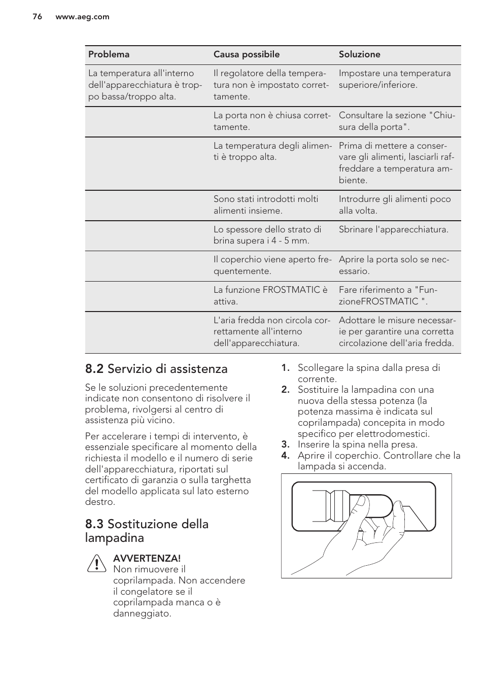 2 servizio di assistenza, 3 sostituzione della lampadina | AEG A93100GNW0 User Manual | Page 76 / 80