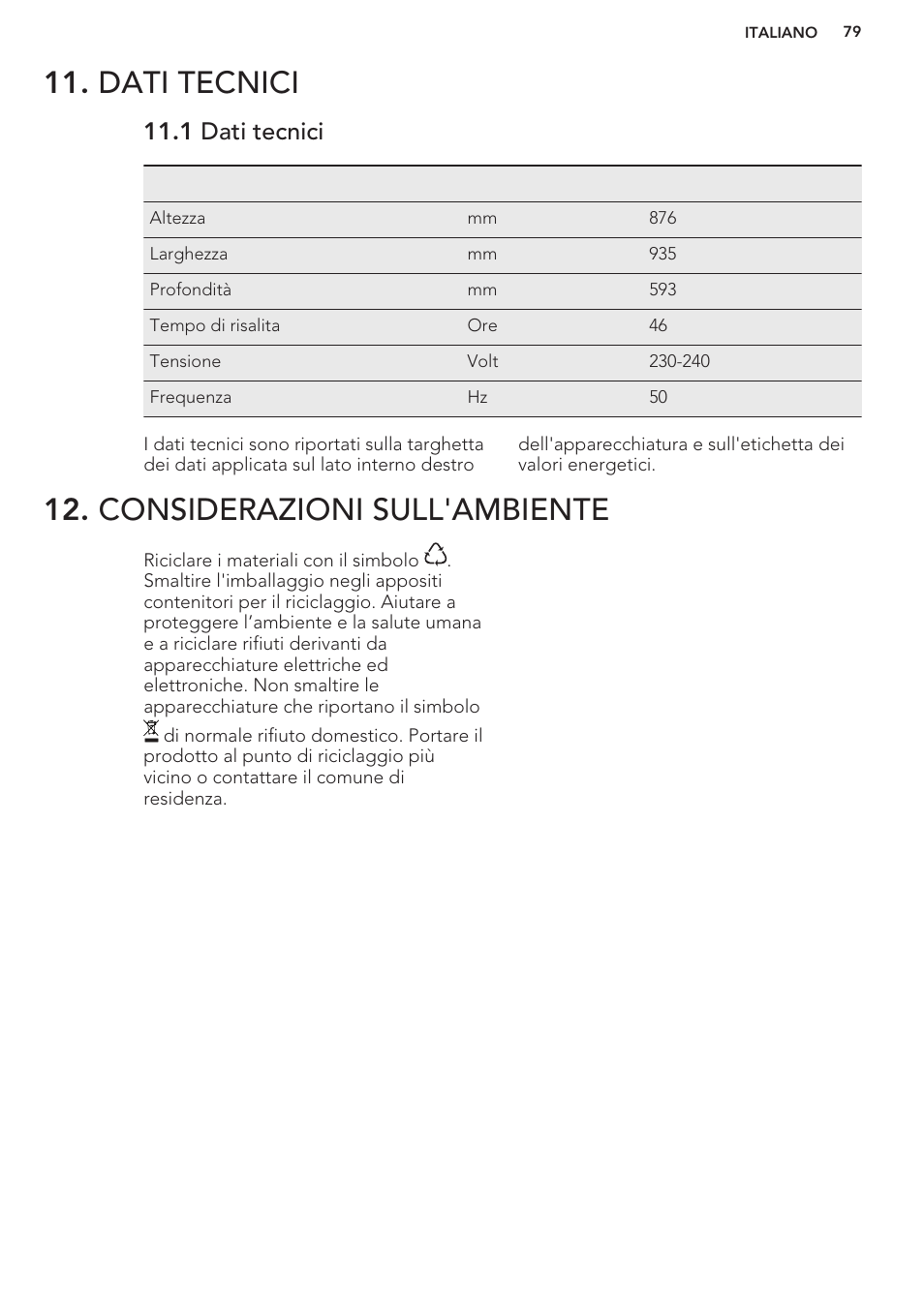 Dati tecnici, 1 dati tecnici, Considerazioni sull'ambiente | AEG A93100GNW0 User Manual | Page 79 / 80