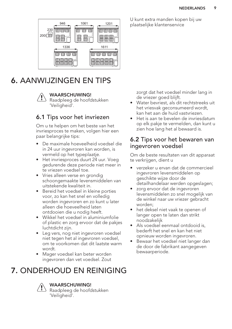 Aanwijzingen en tips, 1 tips voor het invriezen, 2 tips voor het bewaren van ingevroren voedsel | Onderhoud en reiniging, Aanwijzingen en tips 7. onderhoud en reiniging | AEG A93100GNW0 User Manual | Page 9 / 80