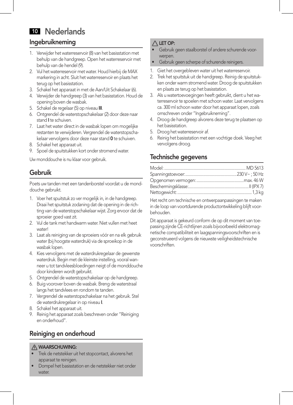 Nederlands, Ingebruikneming, Gebruik | Reiniging en onderhoud, Technische gegevens | AEG MD 5613 User Manual | Page 10 / 42