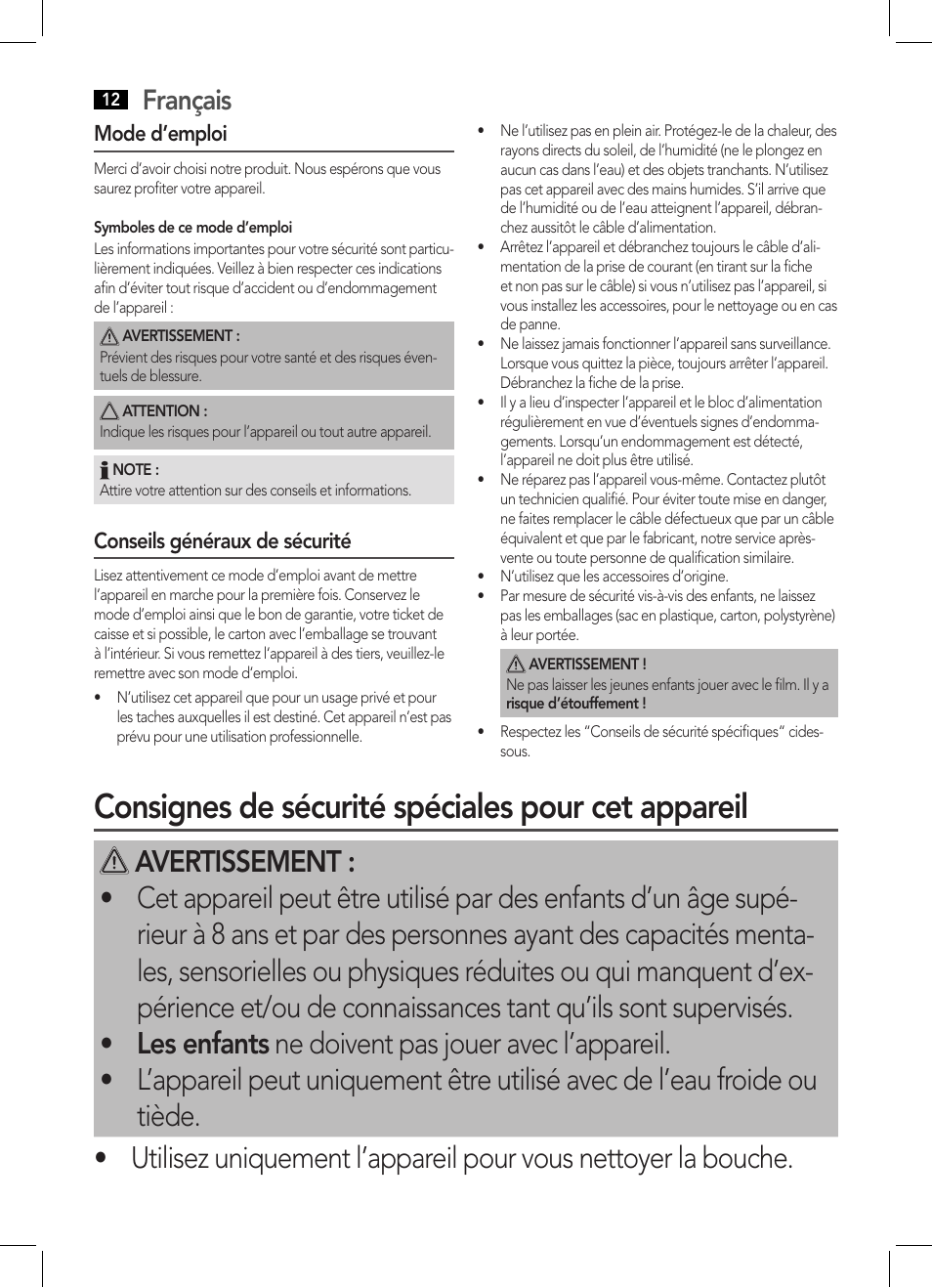 Consignes de sécurité spéciales pour cet appareil, Français | AEG MD 5613 User Manual | Page 12 / 42