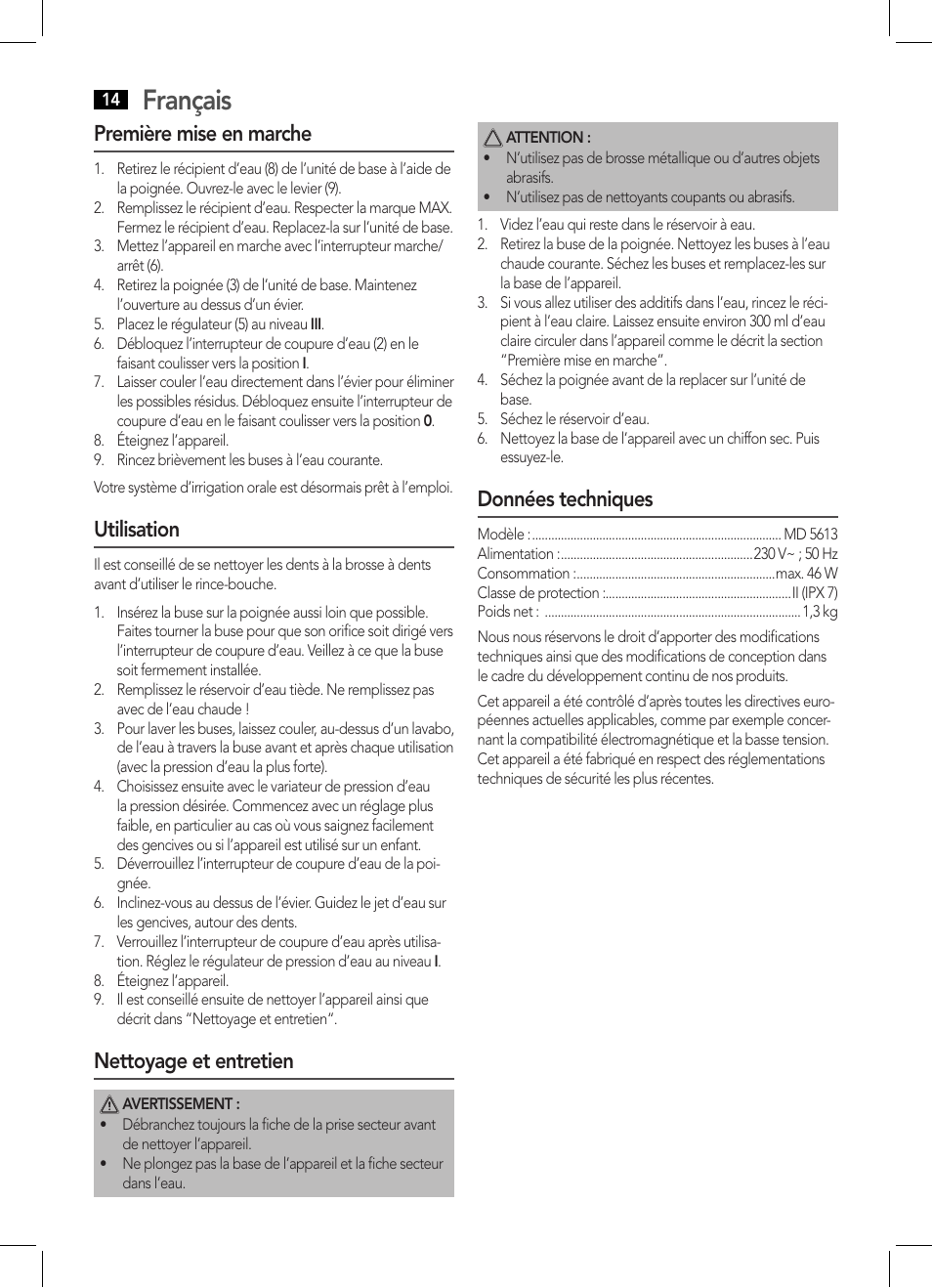 Français, Première mise en marche, Utilisation | Nettoyage et entretien, Données techniques | AEG MD 5613 User Manual | Page 14 / 42