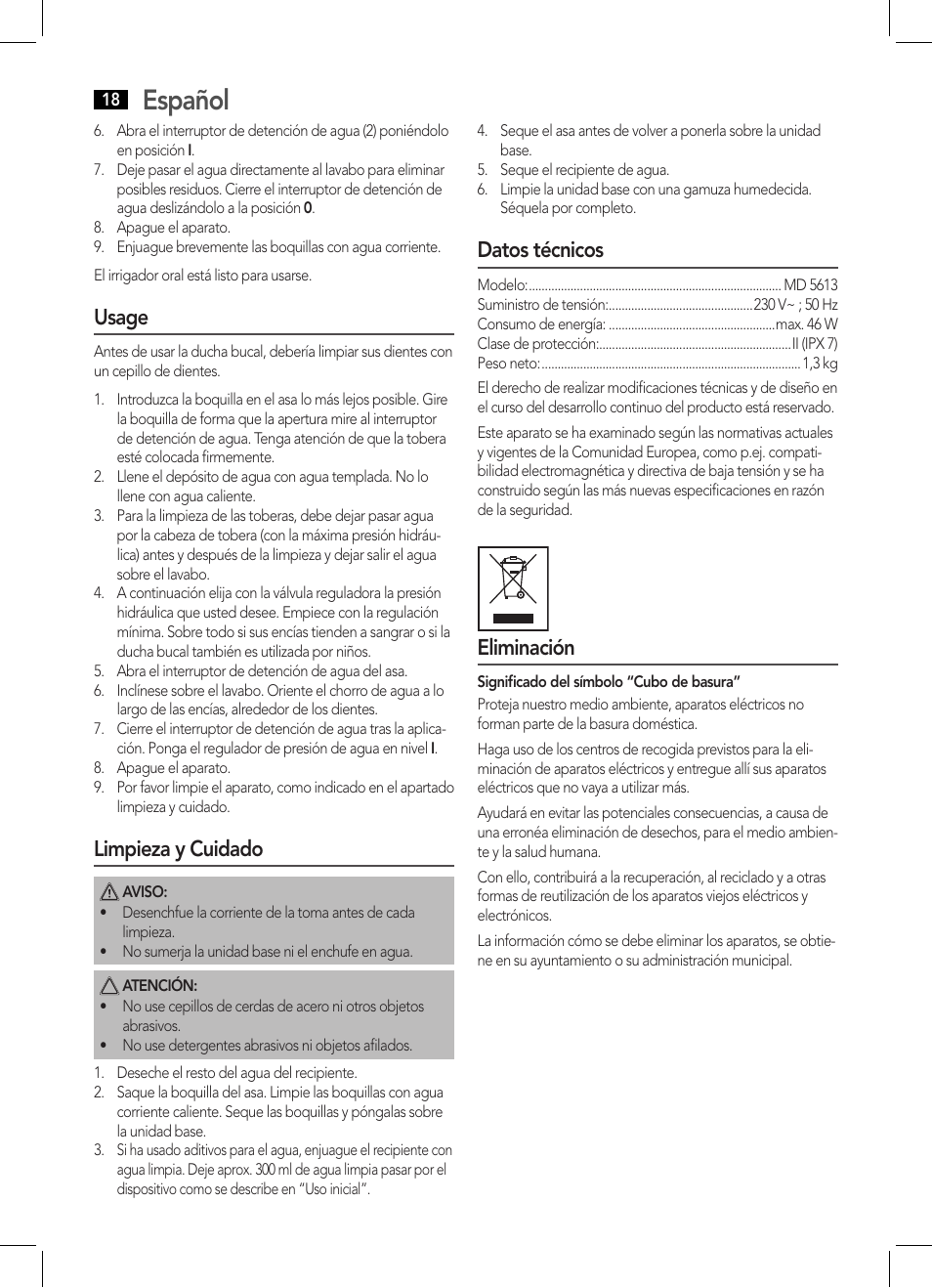 Español, Usage, Limpieza y cuidado | Datos técnicos, Eliminación | AEG MD 5613 User Manual | Page 18 / 42