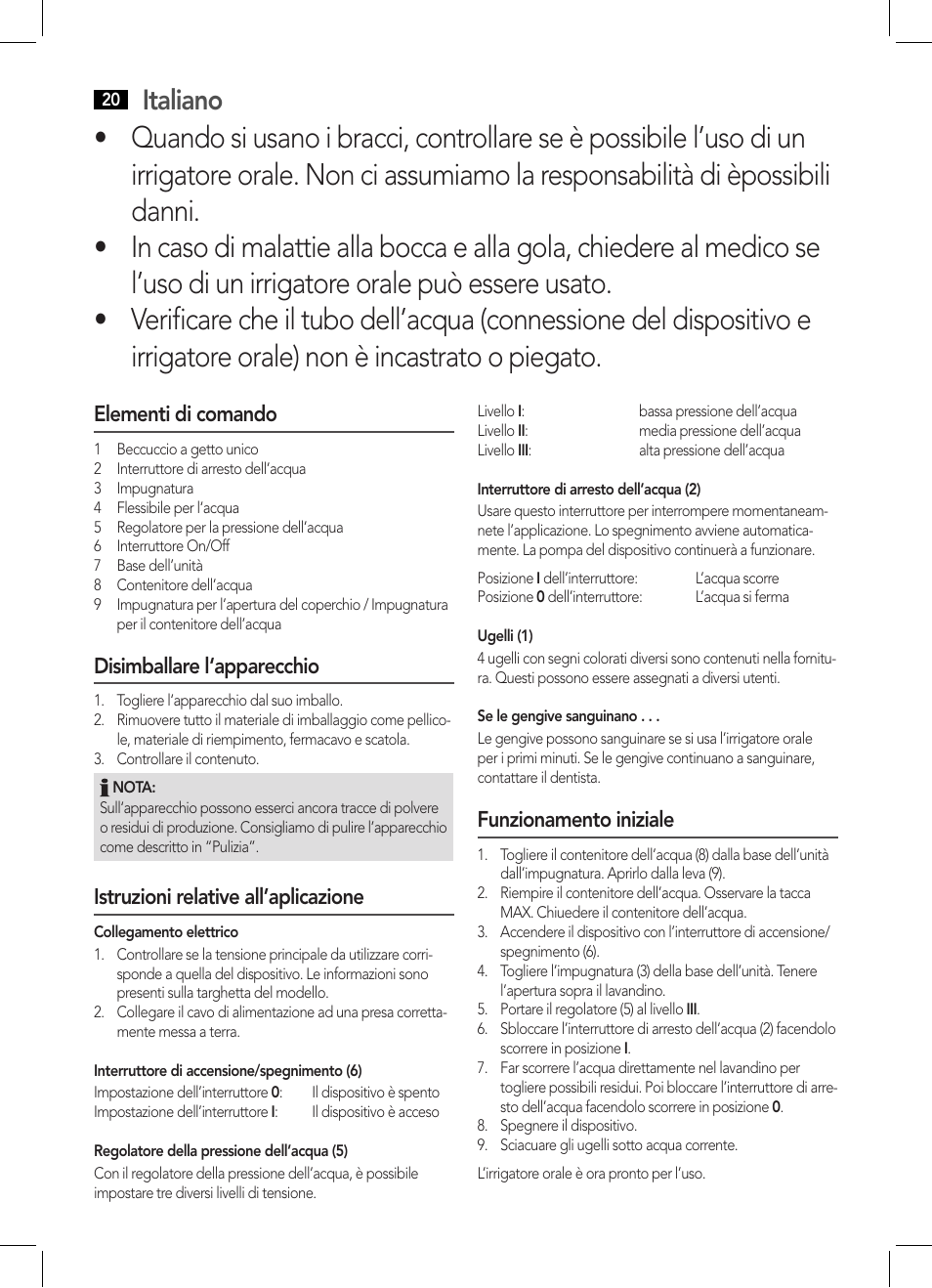 Italiano, Elementi di comando, Disimballare l‘apparecchio | Istruzioni relative all’aplicazione, Funzionamento iniziale | AEG MD 5613 User Manual | Page 20 / 42