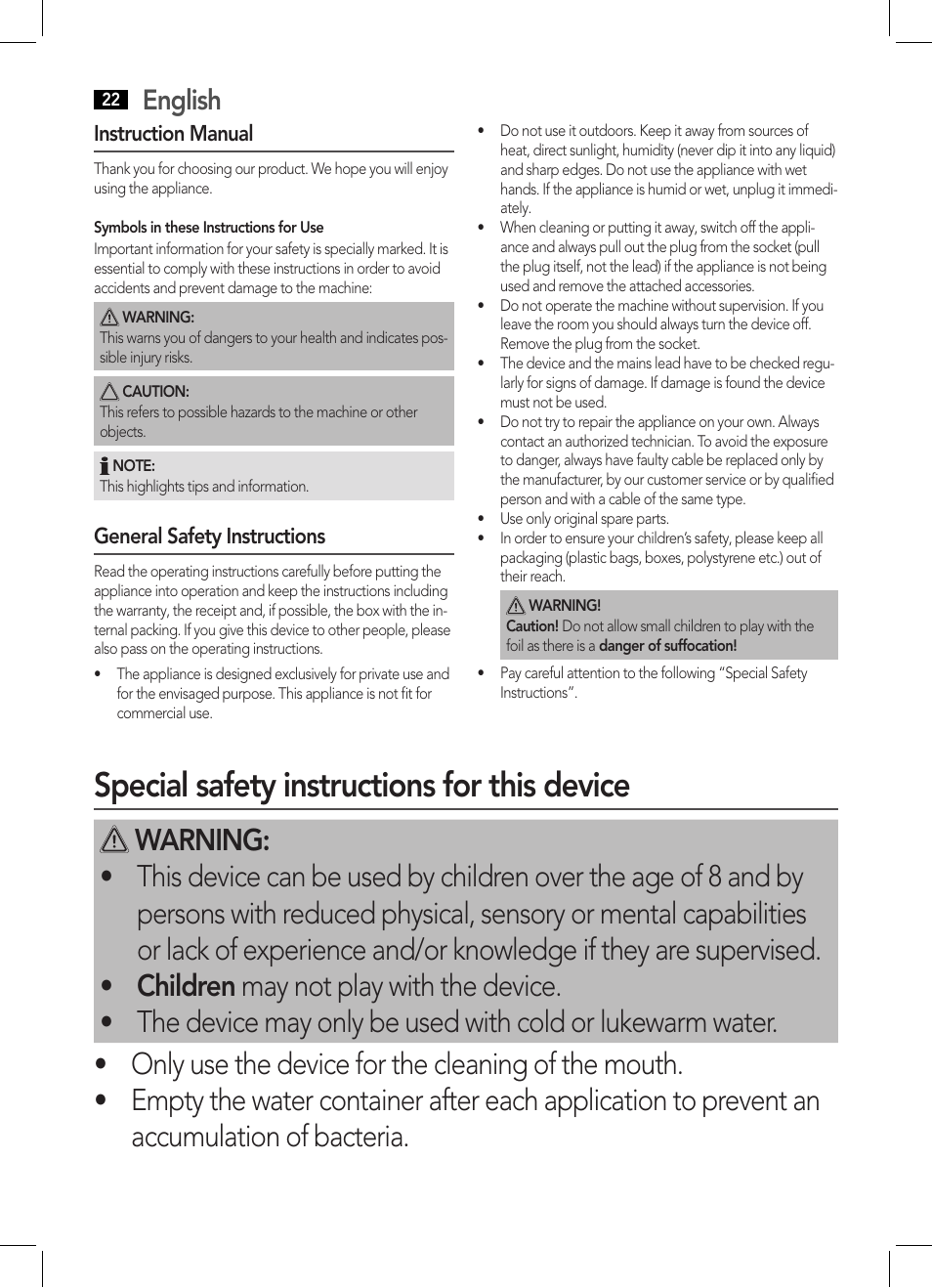 Special safety instructions for this device, English | AEG MD 5613 User Manual | Page 22 / 42