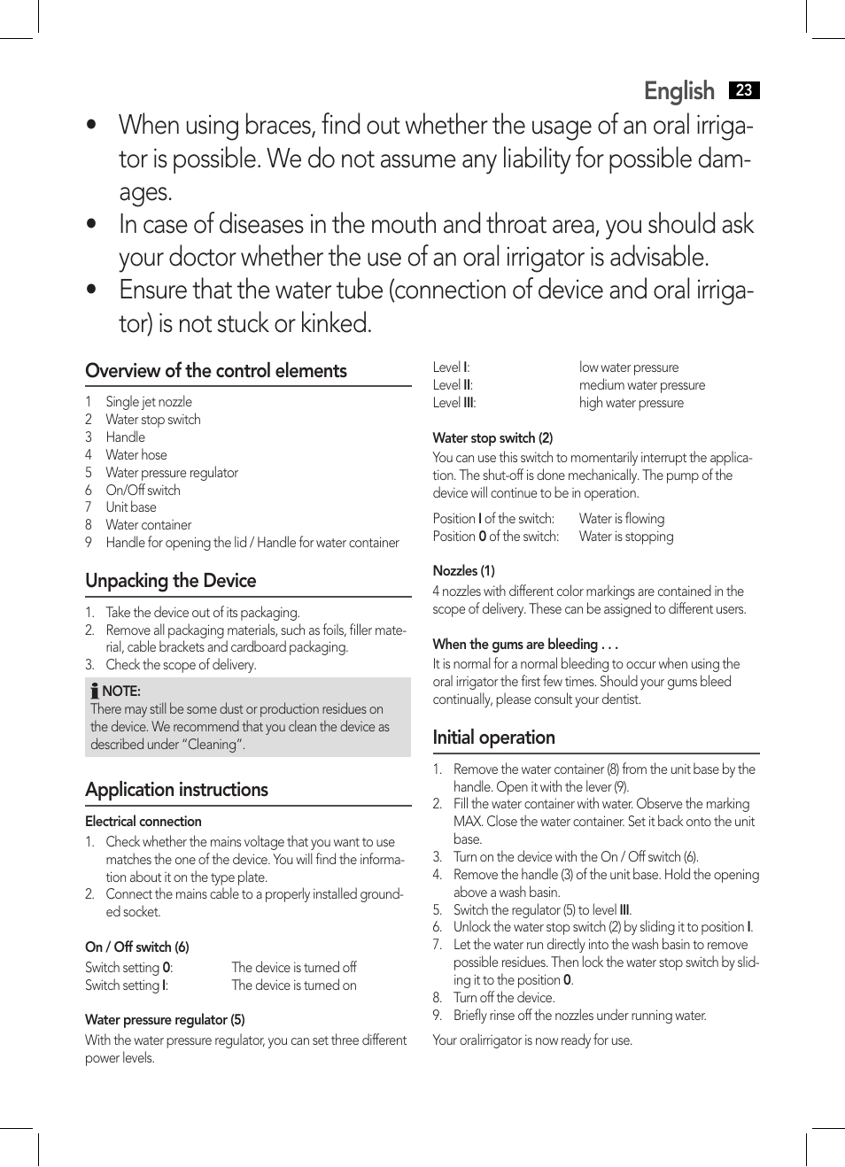 English, Overview of the control elements, Unpacking the device | Application instructions, Initial operation | AEG MD 5613 User Manual | Page 23 / 42