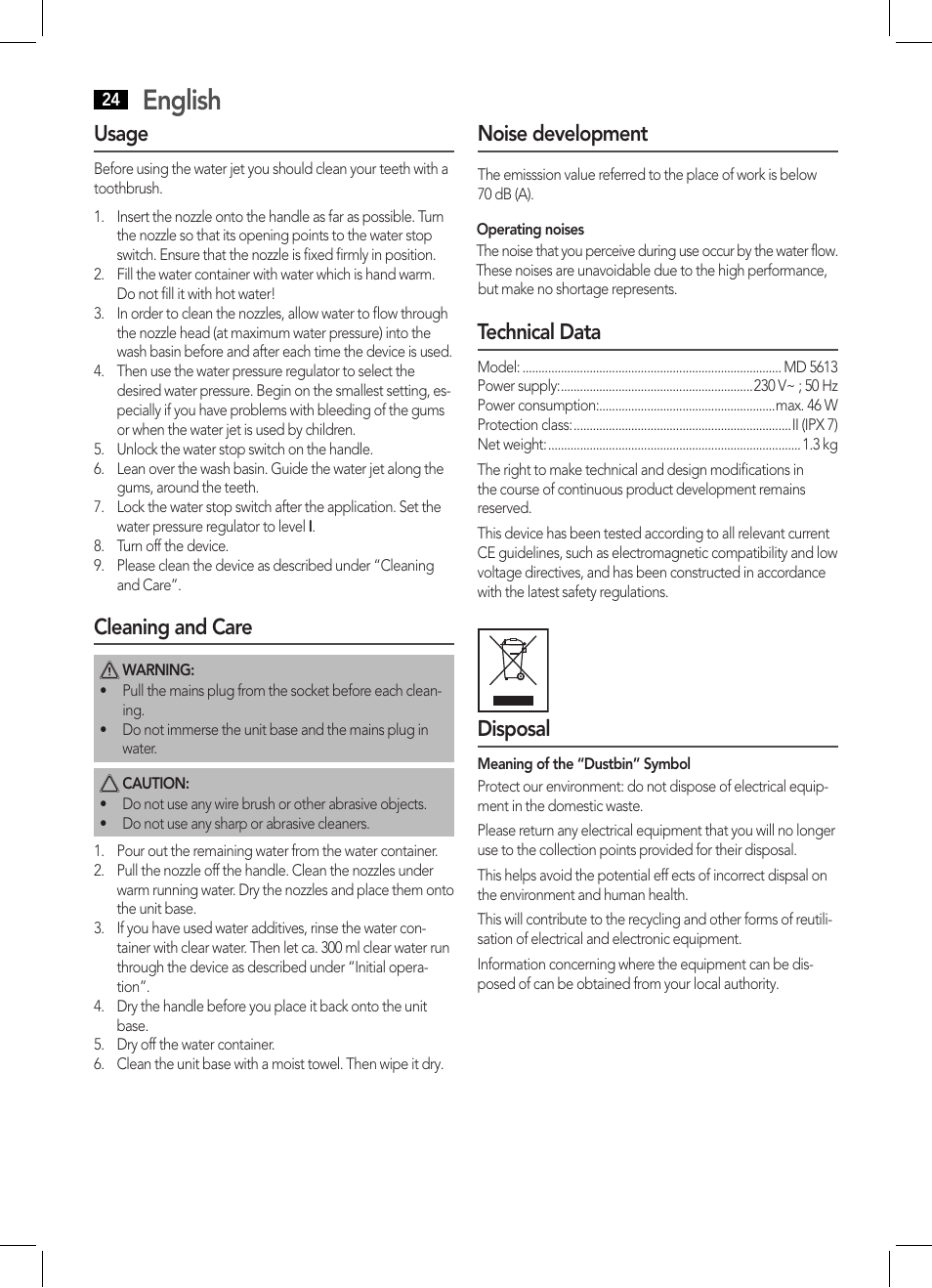 English, Usage, Cleaning and care | Noise development, Technical data, Disposal | AEG MD 5613 User Manual | Page 24 / 42
