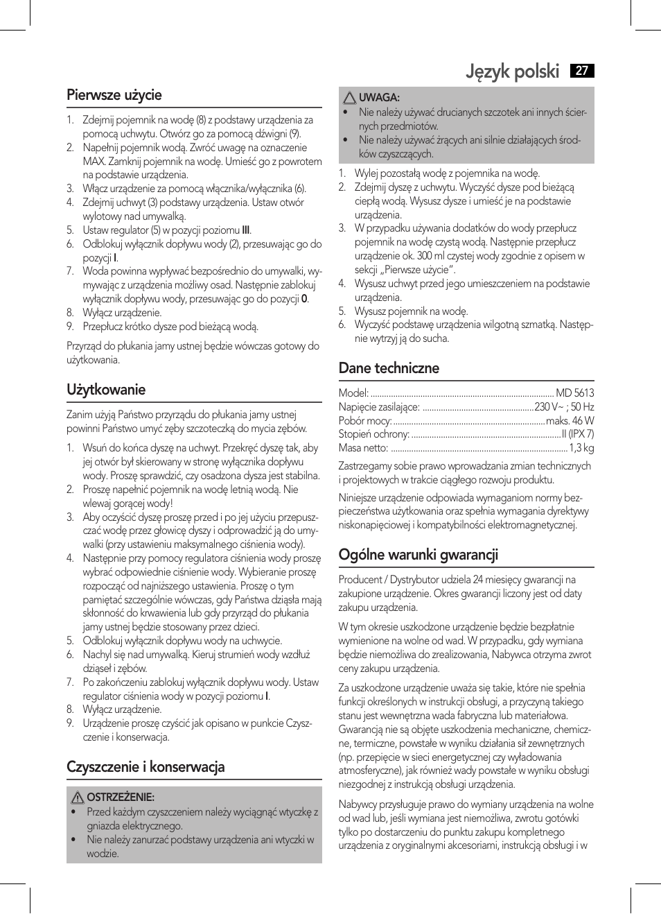 Język polski, Pierwsze użycie, Użytkowanie | Czyszczenie i konserwacja, Dane techniczne, Ogólne warunki gwarancji | AEG MD 5613 User Manual | Page 27 / 42