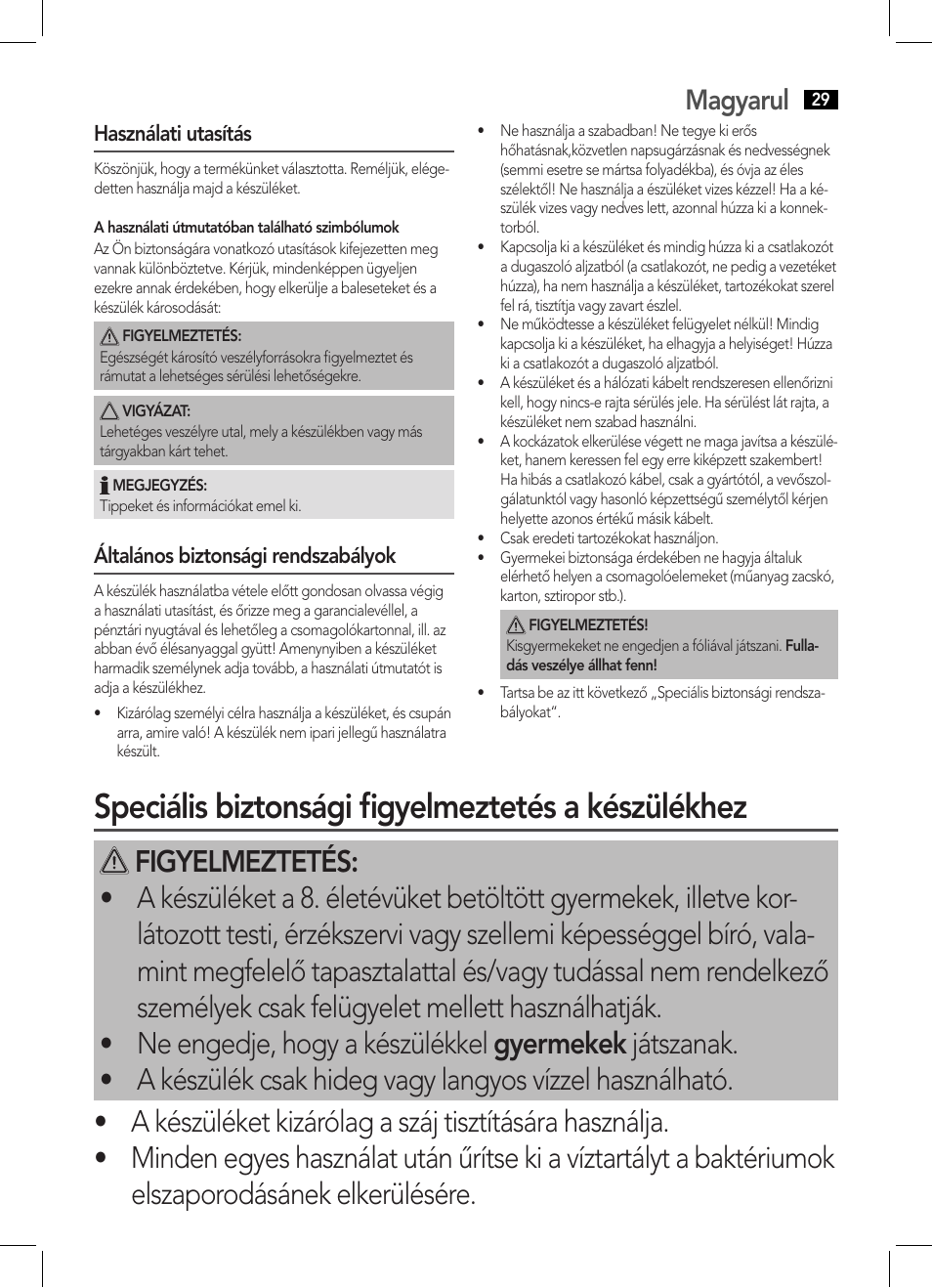 Speciális biztonsági figyelmeztetés a készülékhez, Magyarul | AEG MD 5613 User Manual | Page 29 / 42