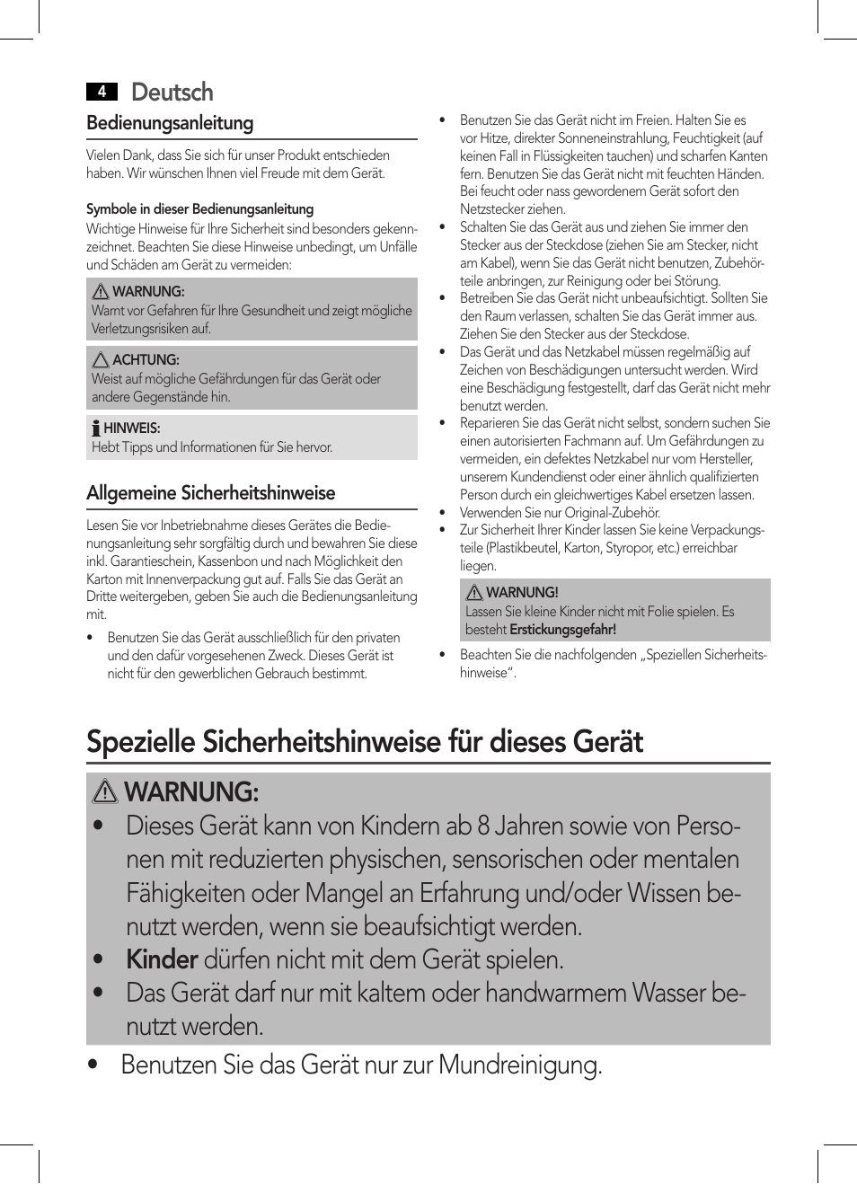 Spezielle sicherheitshinweise für dieses gerät, Deutsch | AEG MD 5613 User Manual | Page 4 / 42