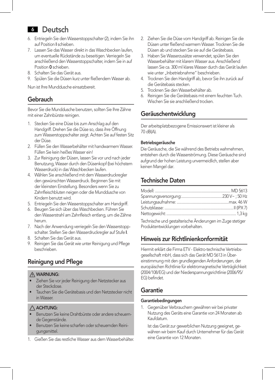 Deutsch, Gebrauch, Reinigung und pflege | Geräuschentwicklung, Technische daten, Hinweis zur richtlinienkonformität, Garantie | AEG MD 5613 User Manual | Page 6 / 42