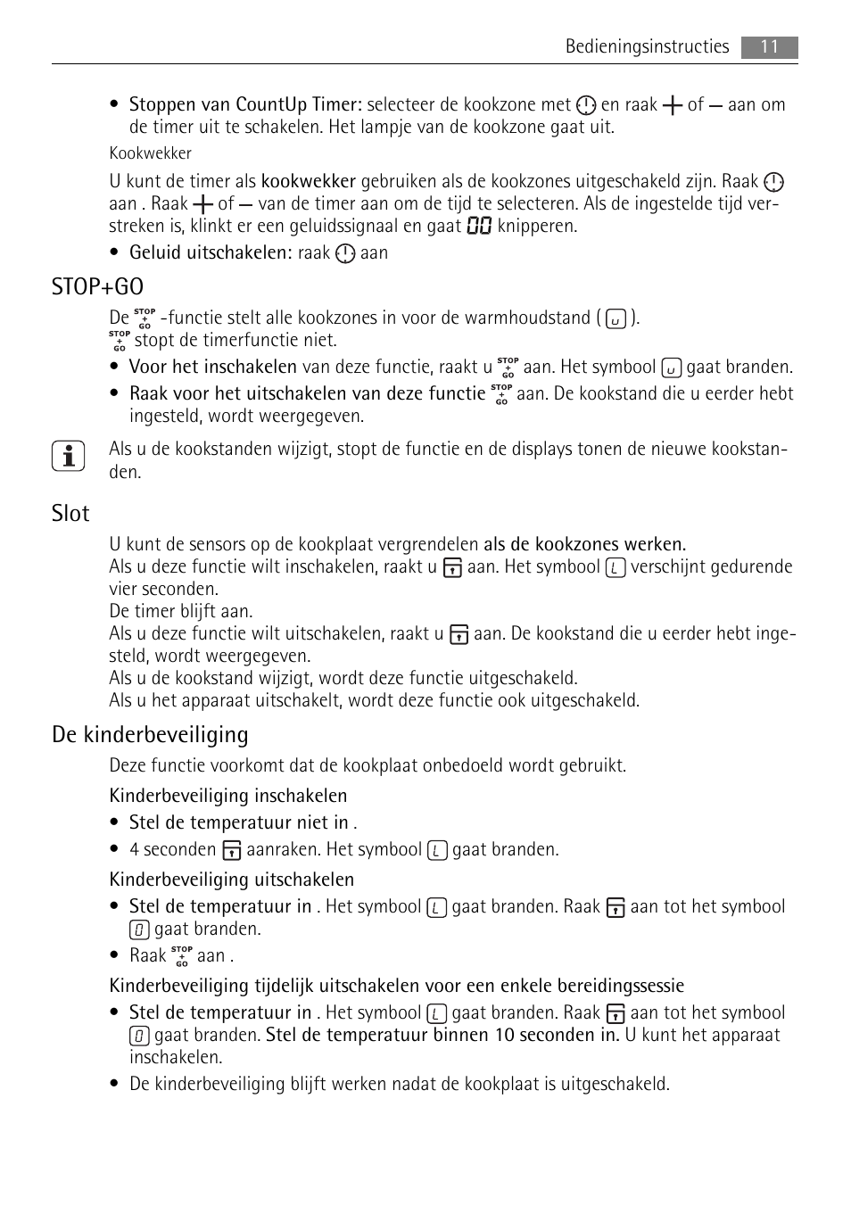 Stop+go, Slot, De kinderbeveiliging | AEG HE604078XB User Manual | Page 11 / 72