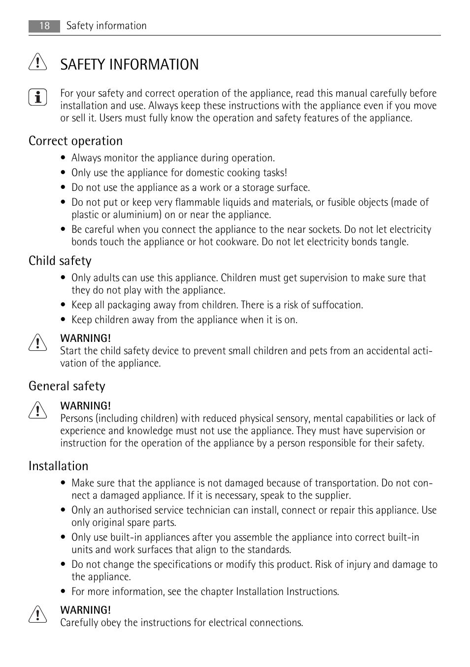 Safety information, Correct operation, Child safety | General safety, Installation | AEG HE604078XB User Manual | Page 18 / 72