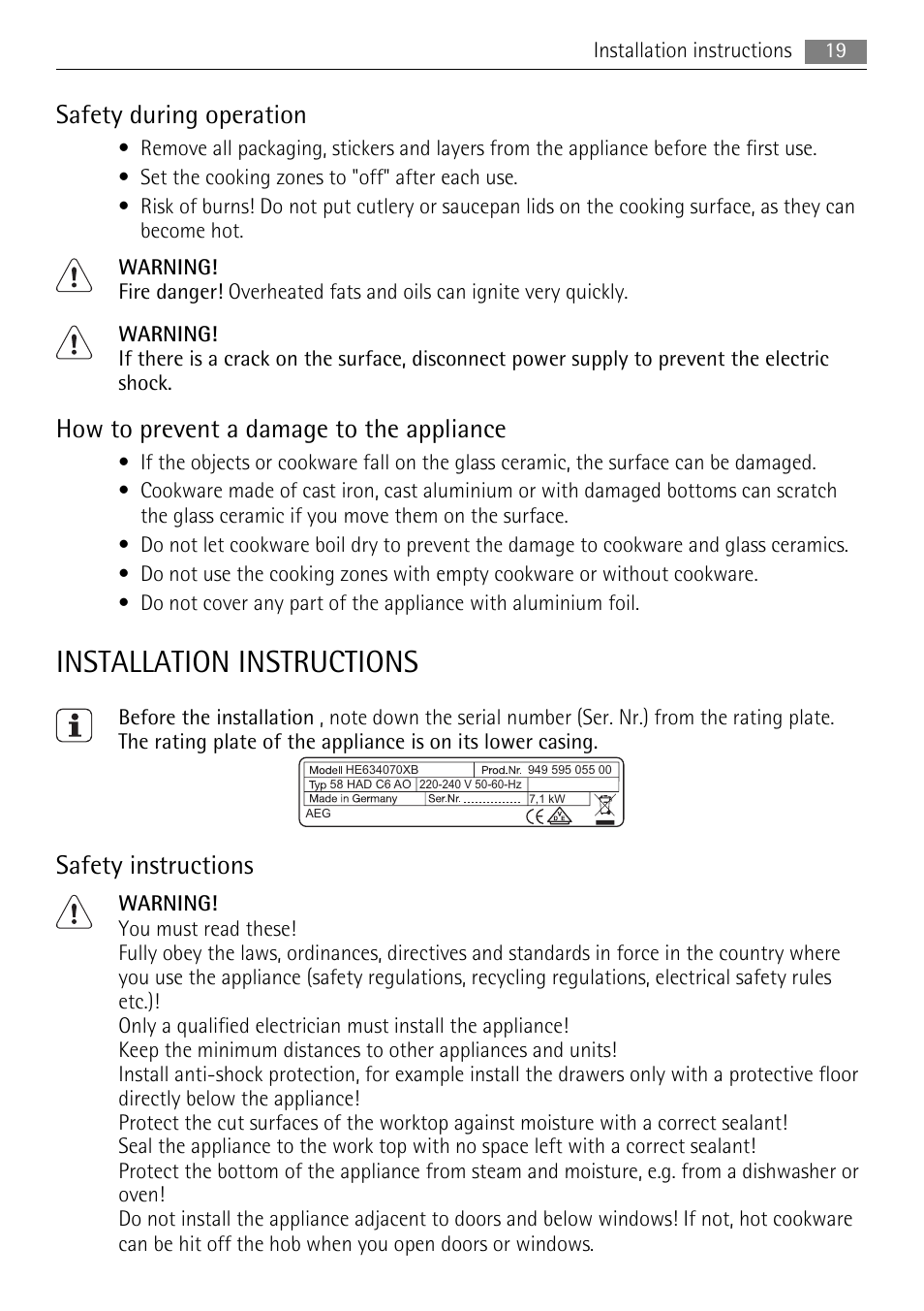 Installation instructions, Safety during operation, How to prevent a damage to the appliance | Safety instructions | AEG HE604078XB User Manual | Page 19 / 72