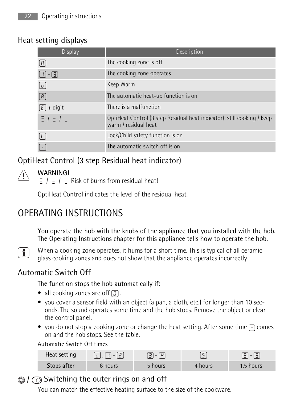 Operating instructions, Heat setting displays, Optiheat control (3 step residual heat indicator) | Automatic switch off, Switching the outer rings on and off | AEG HE604078XB User Manual | Page 22 / 72