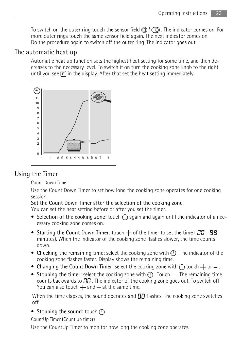 The automatic heat up, Using the timer | AEG HE604078XB User Manual | Page 23 / 72