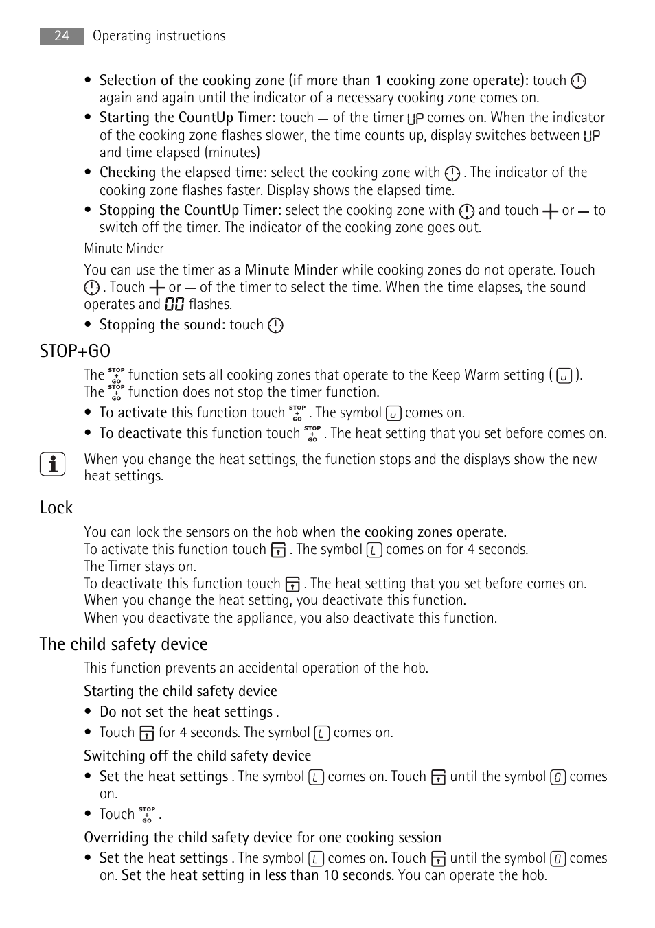 Stop+go, Lock, The child safety device | AEG HE604078XB User Manual | Page 24 / 72