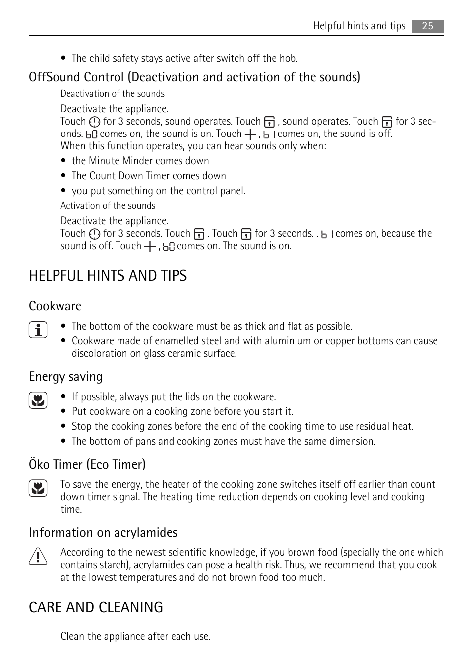 Helpful hints and tips, Care and cleaning, Cookware | Energy saving, Öko timer (eco timer), Information on acrylamides | AEG HE604078XB User Manual | Page 25 / 72