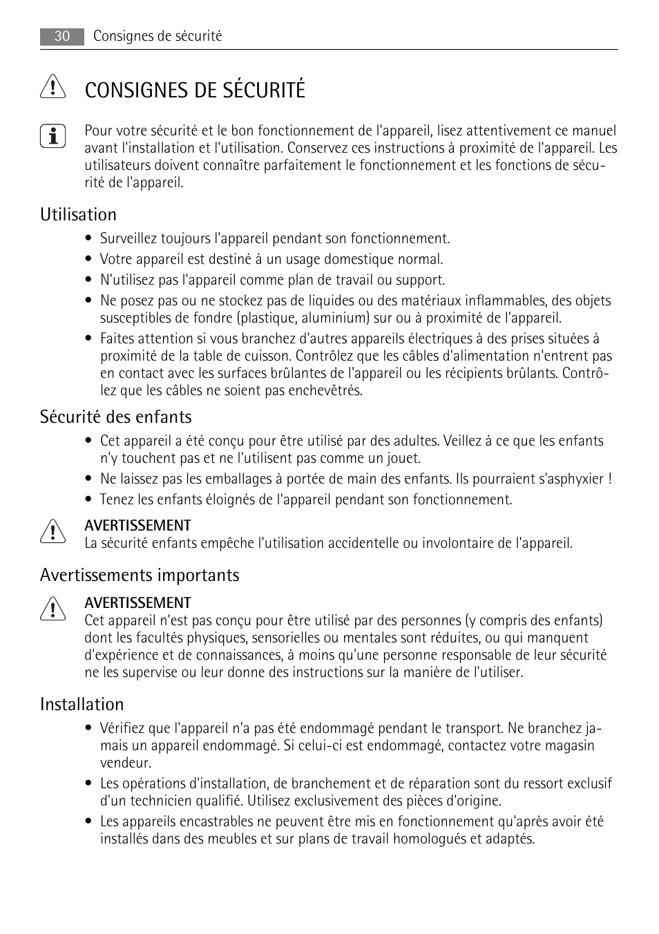 Consignes de sécurité, Utilisation, Sécurité des enfants | Avertissements importants, Installation | AEG HE604078XB User Manual | Page 30 / 72