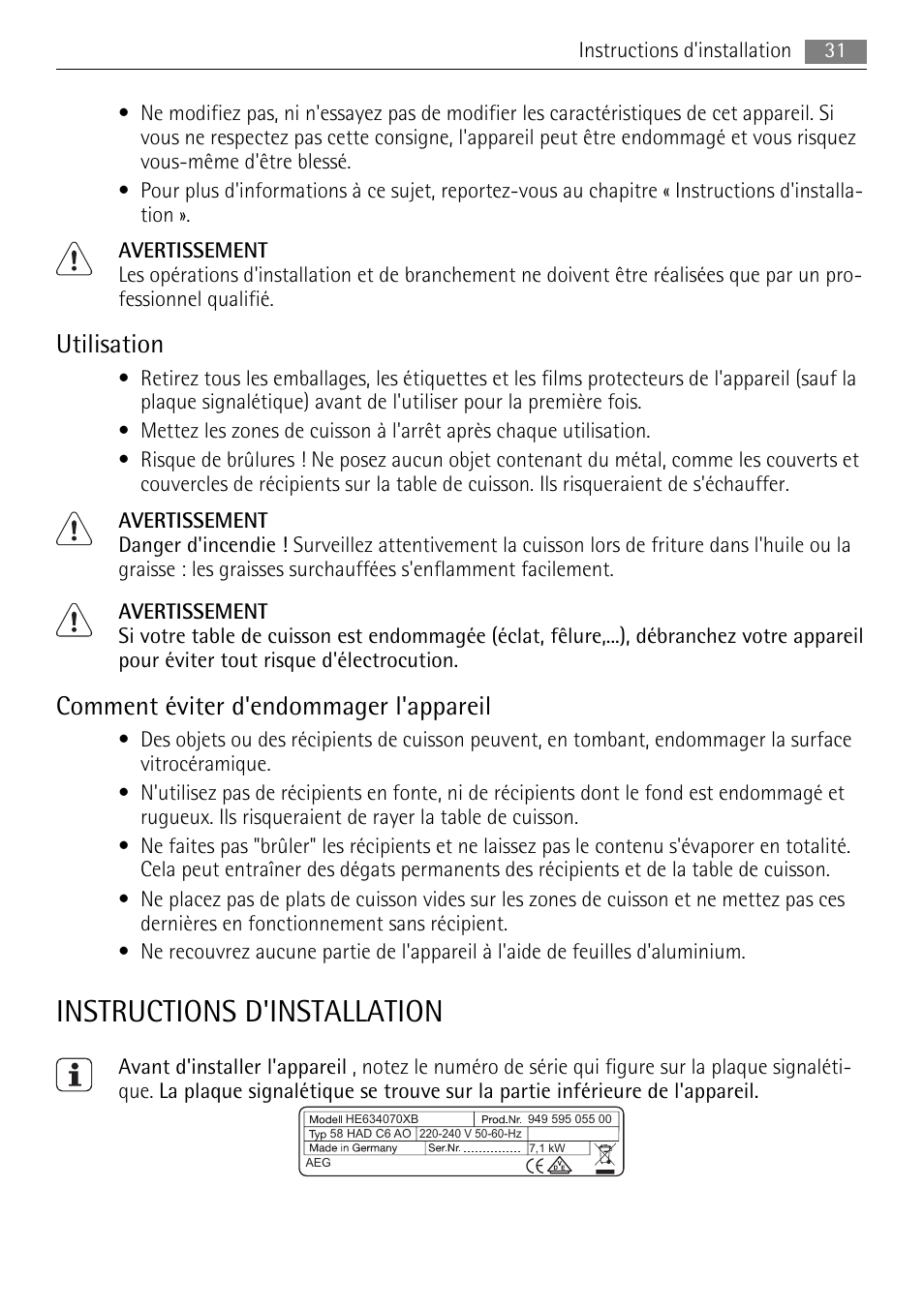 Instructions d'installation, Utilisation, Comment éviter d'endommager l'appareil | AEG HE604078XB User Manual | Page 31 / 72