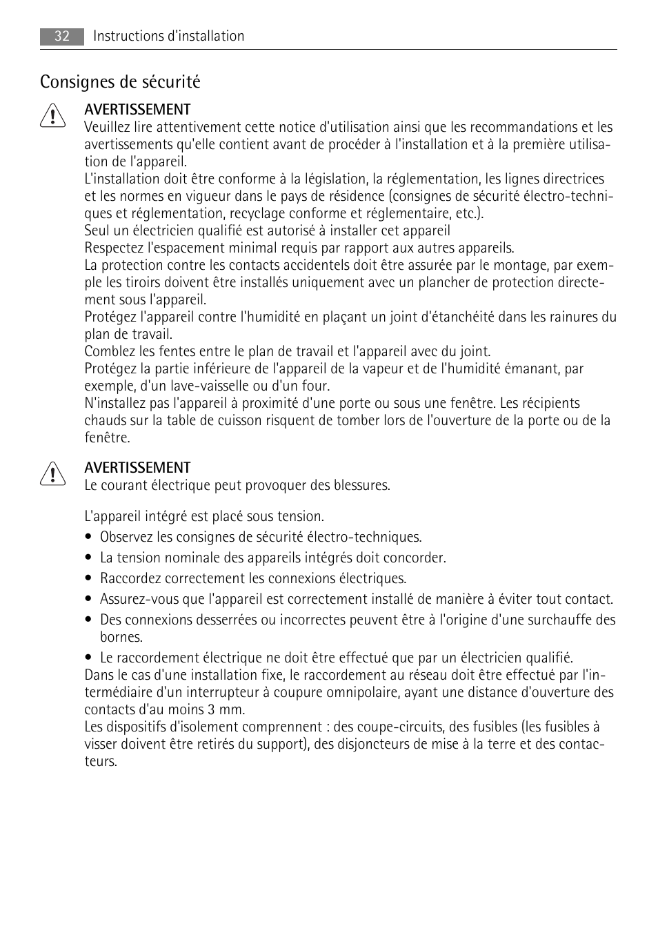 Consignes de sécurité | AEG HE604078XB User Manual | Page 32 / 72