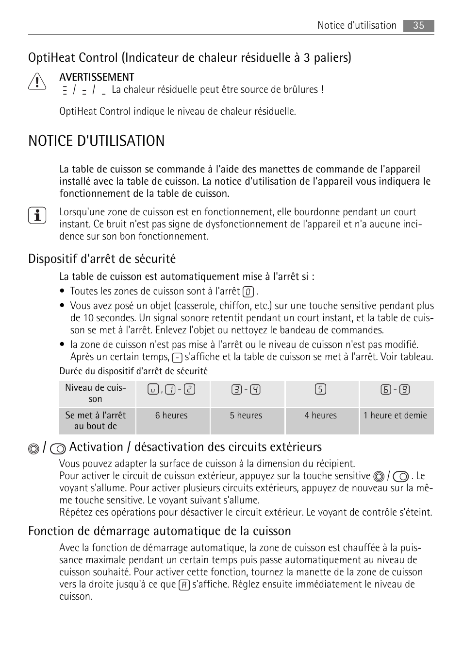 Notice d'utilisation, Dispositif d'arrêt de sécurité, Activation / désactivation des circuits extérieurs | Fonction de démarrage automatique de la cuisson | AEG HE604078XB User Manual | Page 35 / 72