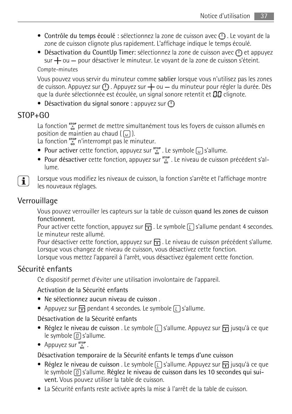 Stop+go, Verrouillage, Sécurité enfants | AEG HE604078XB User Manual | Page 37 / 72